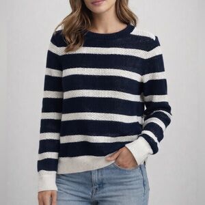 ALFRED SUNG Navy and White Striped Crewneck Sweater